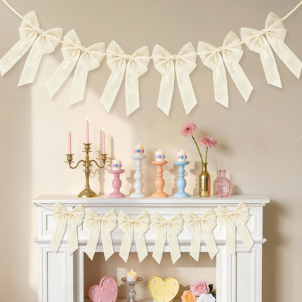 FLAIR GIFTS 1-String 6.5ft Ivory White Bows Garland Banner, 6 Pcs Pre-Strung Bows Party Decorations for Bridal Shower, Birthday, Bachelorette Party, Baby Shower, Tea Party Supplies