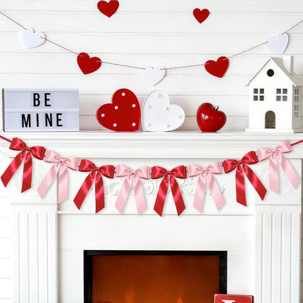 1-String Pink& Red Bow Garland Banner, 8 Pre-Strung Satin Ribbon Bows, for Baby Shower, Bridal Shower Birthday & Wedding Party, Valentine’s Day, Mother’s Day, Reusable Coquette Wall Mantel Table Decor