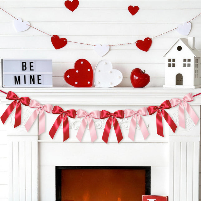 1-String Pink& Red Bow Garland Banner, 8 Pre-Strung Satin Ribbon Bows, for Baby Shower, Bridal Shower Birthday & Wedding Party, Valentine’s Day, Mother’s Day, Reusable Coquette Wall Mantel Table Decor