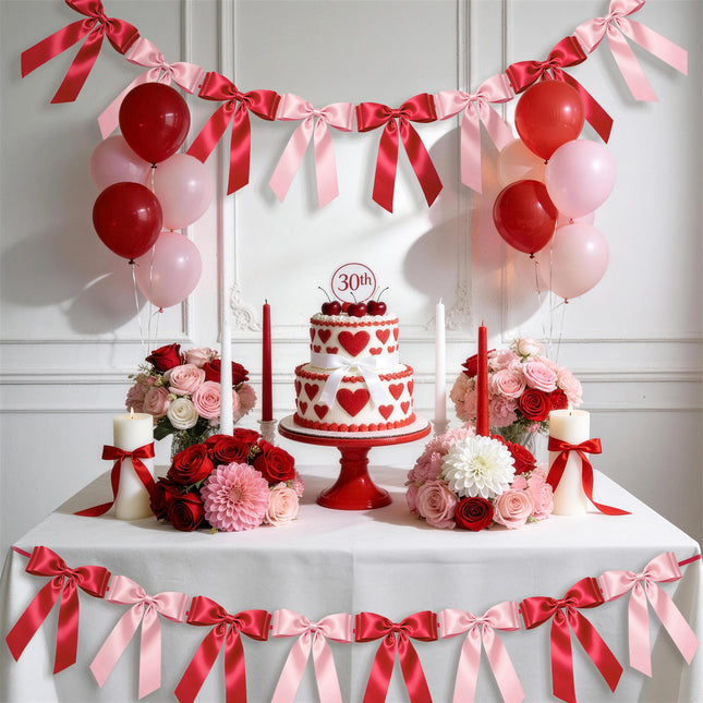 1-String Pink& Red Bow Garland Banner, 8 Pre-Strung Satin Ribbon Bows, for Baby Shower, Bridal Shower Birthday & Wedding Party, Valentine’s Day, Mother’s Day, Reusable Coquette Wall Mantel Table Decor