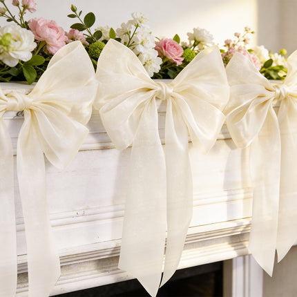 FLAIR GIFTS 1-String 6.5ft Ivory White Bows Garland Banner, 6 Pcs Pre-Strung Bows Party Decorations for Bridal Shower, Birthday, Bachelorette Party, Baby Shower, Tea Party Supplies