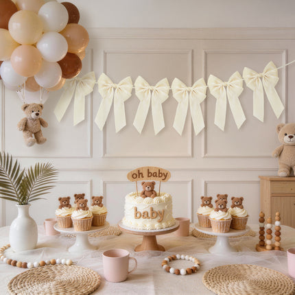 FLAIR GIFTS 1-String 6.5ft Ivory White Bows Garland Banner, 6 Pcs Pre-Strung Bows Party Decorations for Bridal Shower, Birthday, Bachelorette Party, Baby Shower, Tea Party Supplies