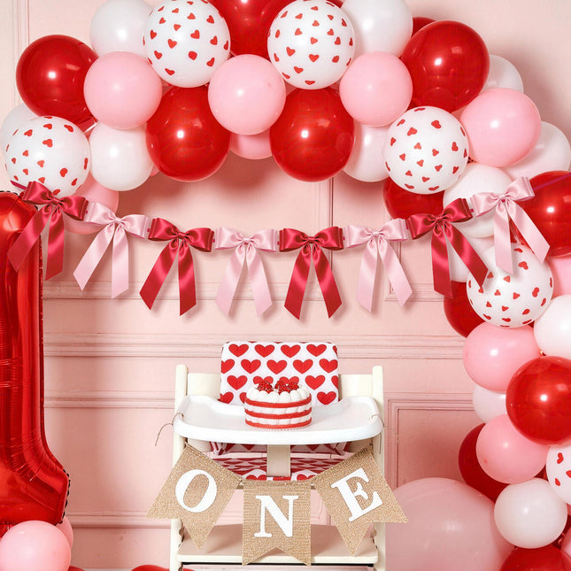1-String Pink& Red Bow Garland Banner, 8 Pre-Strung Satin Ribbon Bows, for Baby Shower, Bridal Shower Birthday & Wedding Party, Valentine’s Day, Mother’s Day, Reusable Coquette Wall Mantel Table Decor