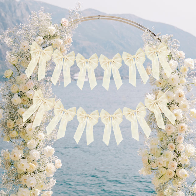 FLAIR GIFTS 1-String 6.5ft Ivory White Bows Garland Banner, 6 Pcs Pre-Strung Bows Party Decorations for Bridal Shower, Birthday, Bachelorette Party, Baby Shower, Tea Party Supplies