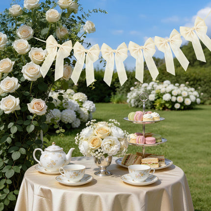 FLAIR GIFTS 1-String 6.5ft Ivory White Bows Garland Banner, 6 Pcs Pre-Strung Bows Party Decorations for Bridal Shower, Birthday, Bachelorette Party, Baby Shower, Tea Party Supplies