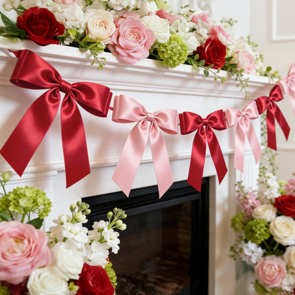 1-String Pink& Red Bow Garland Banner, 8 Pre-Strung Satin Ribbon Bows, for Baby Shower, Bridal Shower Birthday & Wedding Party, Valentine’s Day, Mother’s Day, Reusable Coquette Wall Mantel Table Decor