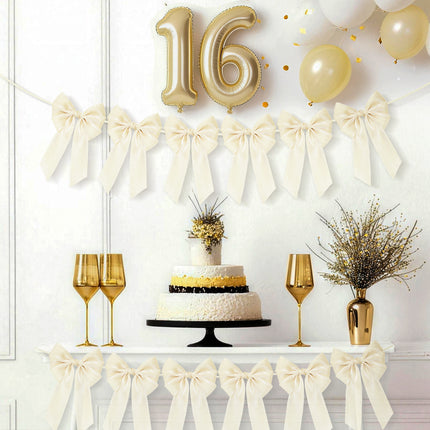 FLAIR GIFTS 1-String 6.5ft Ivory White Bows Garland Banner, 6 Pcs Pre-Strung Bows Party Decorations for Bridal Shower, Birthday, Bachelorette Party, Baby Shower, Tea Party Supplies