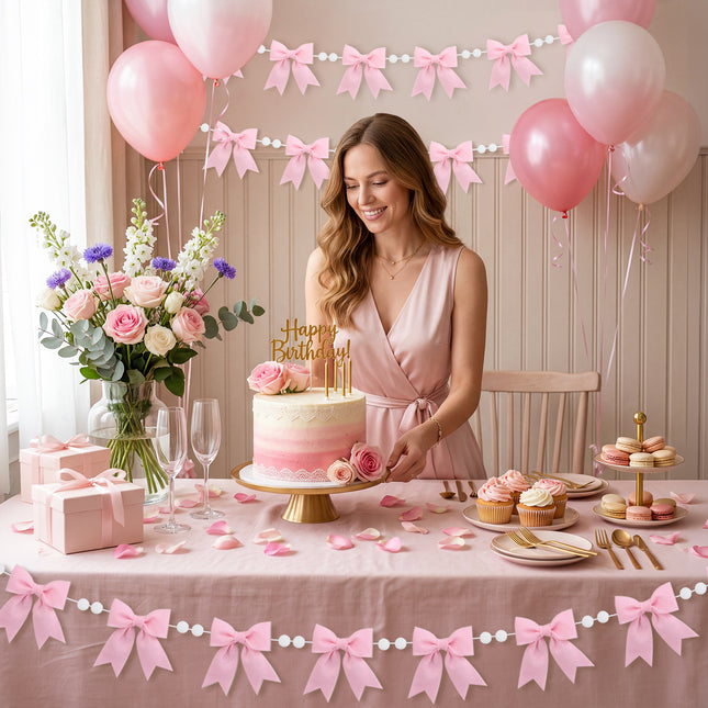 Flair Gifts 2-Pack 8ft Pink Bow Felt Garland, Coquette Room Decor, Pre-Strung Soft Banner for Baby Shower, Girls Birthday Party, Nursery Wall Decoration, Shabby Chic Wedding & Bridal Shower Bunting