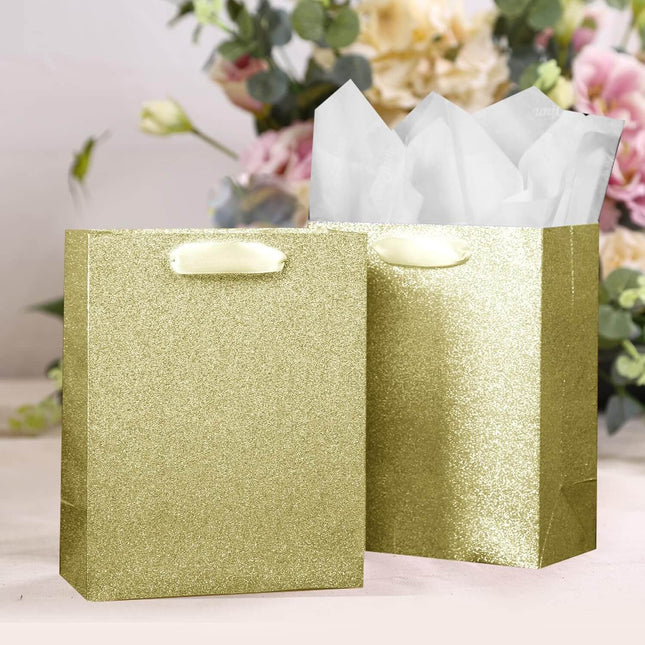Gold Glittered Gift Bags Bulk, Pack of 12