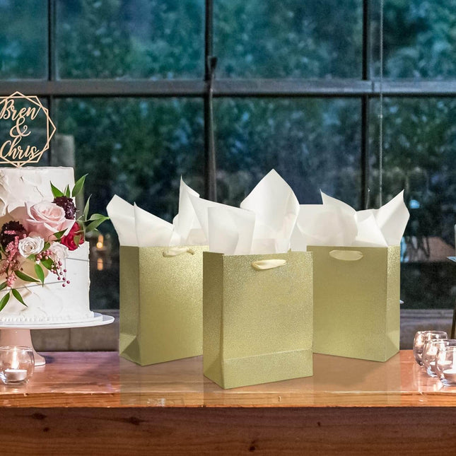 Gold Glittered Gift Bags Bulk, Pack of 12