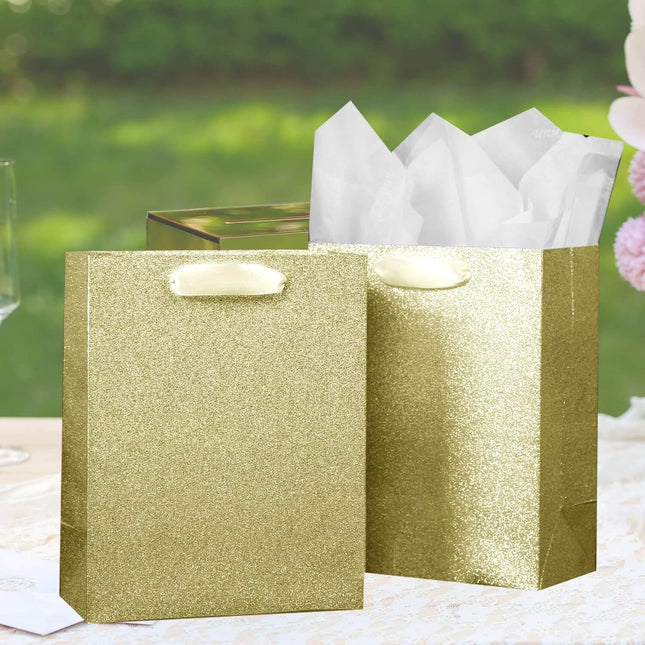 Gold Glittered Gift Bags Bulk, Pack of 12