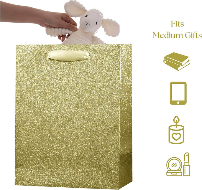 Gold Glittered Gift Bags Bulk, Pack of 12