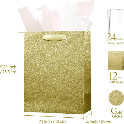 Gold Glittered Gift Bags Bulk, Pack of 12