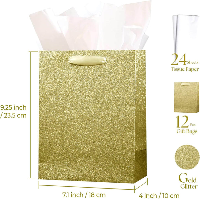 Gold Glittered Gift Bags Bulk, Pack of 12