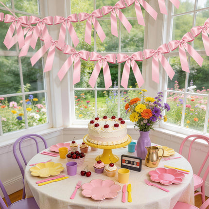 FLAIR GIFTS 2 Strings Pink Bow Garland Banner, Pre-Strung Satin Ribbon with 6.5ft Pearl Chain for Coquette Birthday, Bridal Shower, Party, Baby Shower, Engagement, Graduation & Anniversary Decor