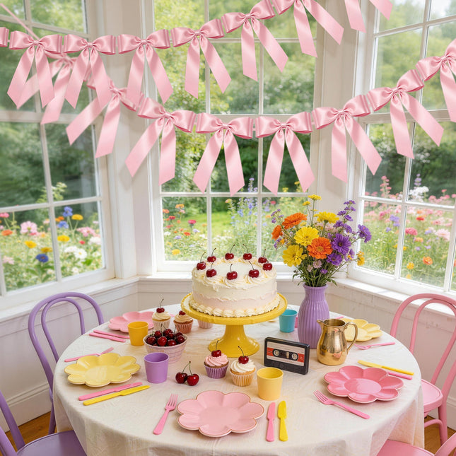 FLAIR GIFTS 2 Strings Pink Bow Garland Banner, Pre-Strung Satin Ribbon with 6.5ft Pearl Chain for Coquette Birthday, Bridal Shower, Party, Baby Shower, Engagement, Graduation & Anniversary Decor