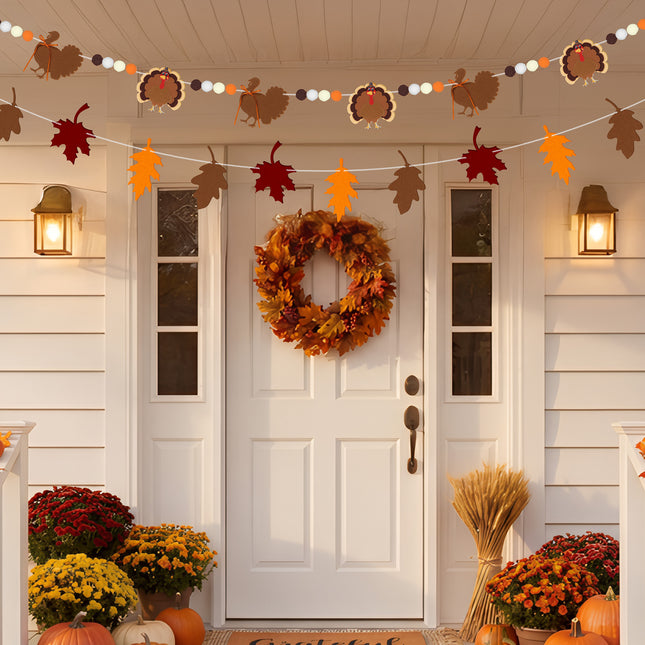 FLAIR GIFTS 2-Pack Thanksgiving Fall Felt Garland, 8ft Multi-Layered Turkey & Maple Leaves Banner with Pom Poms, Pre-Strung Autumn Bunting for Fireplace Mantel, Home, Classroom & Party Décor