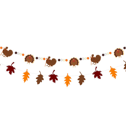 FLAIR GIFTS 2-Pack Thanksgiving Fall Felt Garland, 8ft Multi-Layered Turkey & Maple Leaves Banner with Pom Poms, Pre-Strung Autumn Bunting for Fireplace Mantel, Home, Classroom & Party Décor