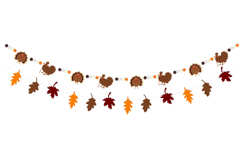 FLAIR GIFTS 2-Pack Thanksgiving Fall Felt Garland, 8ft Multi-Layered Turkey & Maple Leaves Banner with Pom Poms, Pre-Strung Autumn Bunting for Fireplace Mantel, Home, Classroom & Party Décor