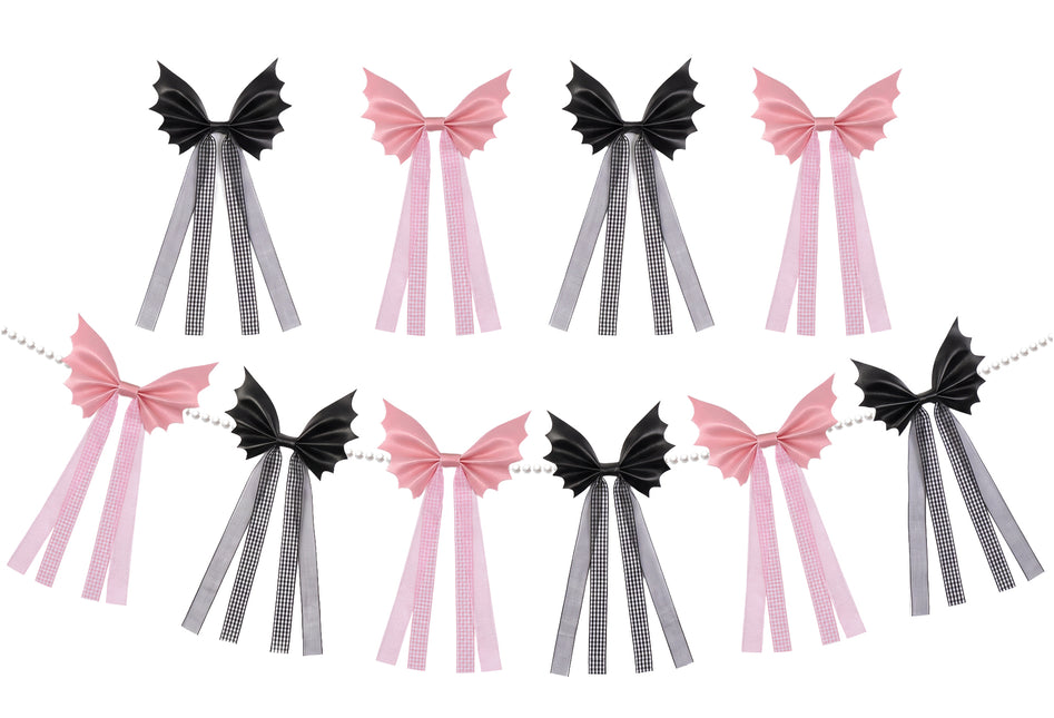 FLAIR GIFTS 6.5ft Halloween Bat Bow Pearl Garland, Black & Pink Decor