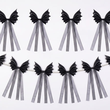 FLAIR GIFTS Halloween Spooky Gothic Black Bat Bow Garland, 6.5 Ft Pre-Strung PU Leather Banner Decor with 4 Extra DIY Bows for Fireplace Mantel Wall Home Decor