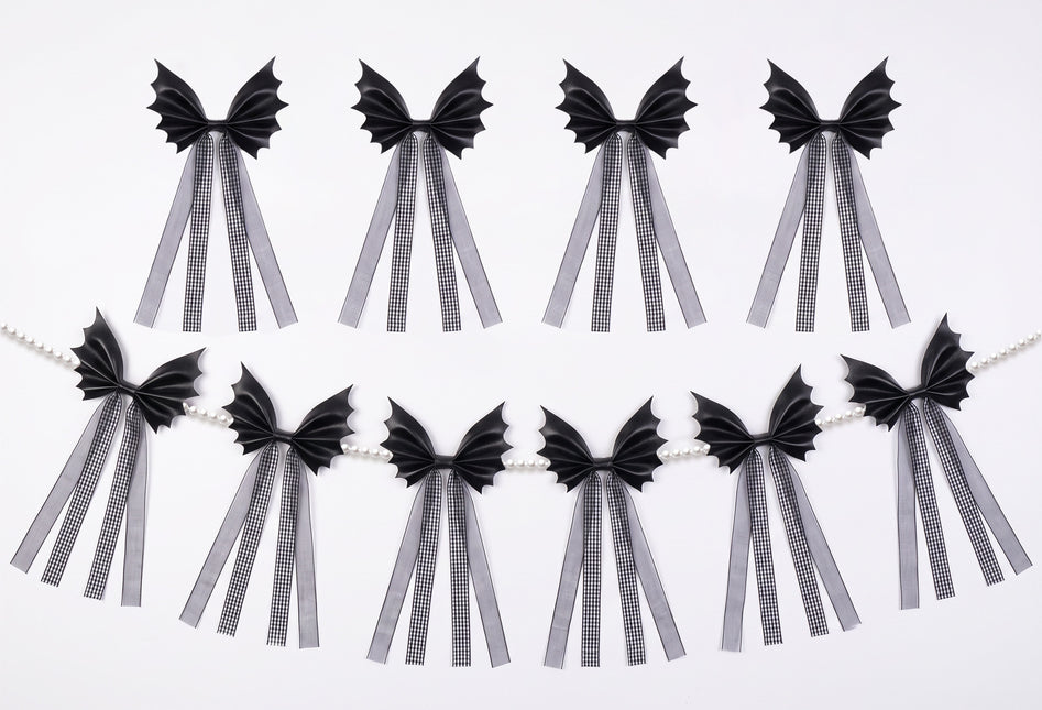 FLAIR GIFTS Halloween Spooky Gothic Black Bat Bow Garland, 6.5 Ft Pre-Strung PU Leather Banner Decor with 4 Extra DIY Bows for Fireplace Mantel Wall Home Decor