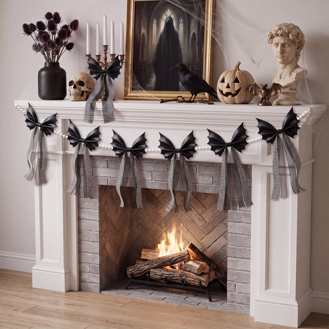 FLAIR GIFTS Halloween Spooky Gothic Black Bat Bow Garland, 6.5 Ft Pre-Strung PU Leather Banner Decor with 4 Extra DIY Bows for Fireplace Mantel Wall Home Decor
