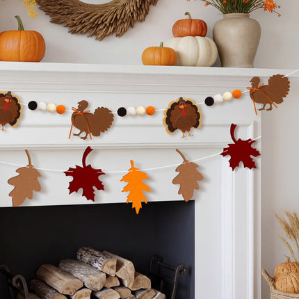 FLAIR GIFTS 2-Pack Thanksgiving Fall Felt Garland, 8ft Multi-Layered Turkey & Maple Leaves Banner with Pom Poms, Pre-Strung Autumn Bunting for Fireplace Mantel, Home, Classroom & Party Décor